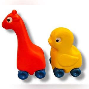 Vintage Little Tikes 9" Orange GIRAFFE & 7" Yellow DUCK  Animal Pals on Wheels